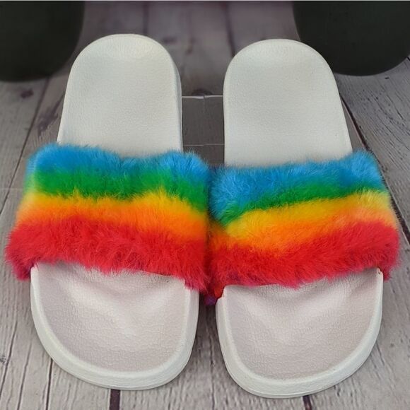 Faux Fur Rainbow Slip On Slides - Picture 2 of 6